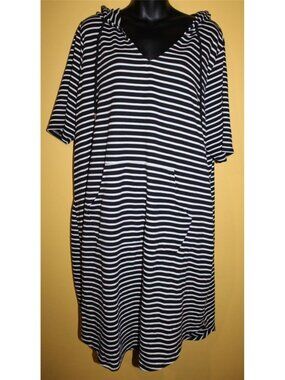 Lane Bryant 22/24 Terry Lined 3x Black White Striped Swim Cover Up Beach Hooded
